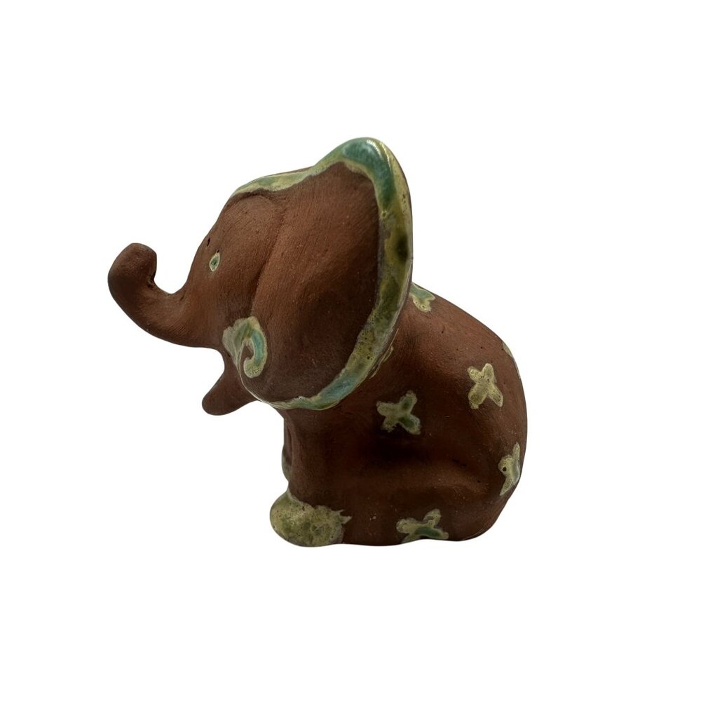 Handcrafted Ceramic Elephant Figurine Brown & Green Star Pattern Decorative